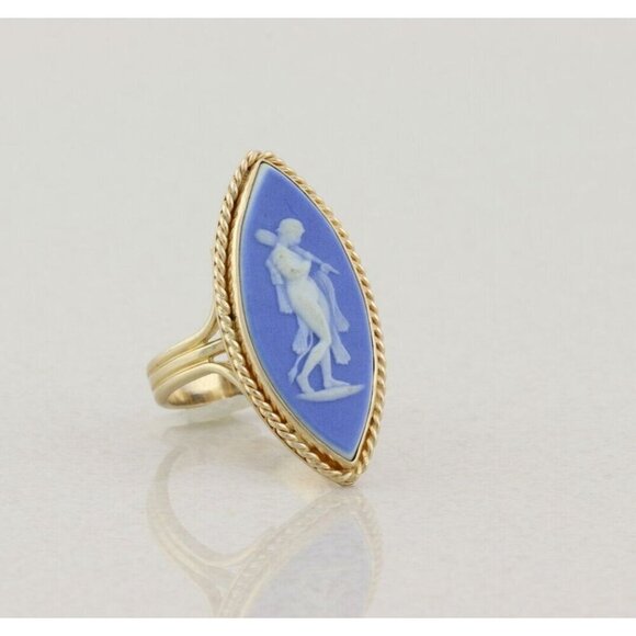 14k Yellow Gold Blue Wedgewood Cameo Ring Vintage Size 7 - Picture 3 of 7